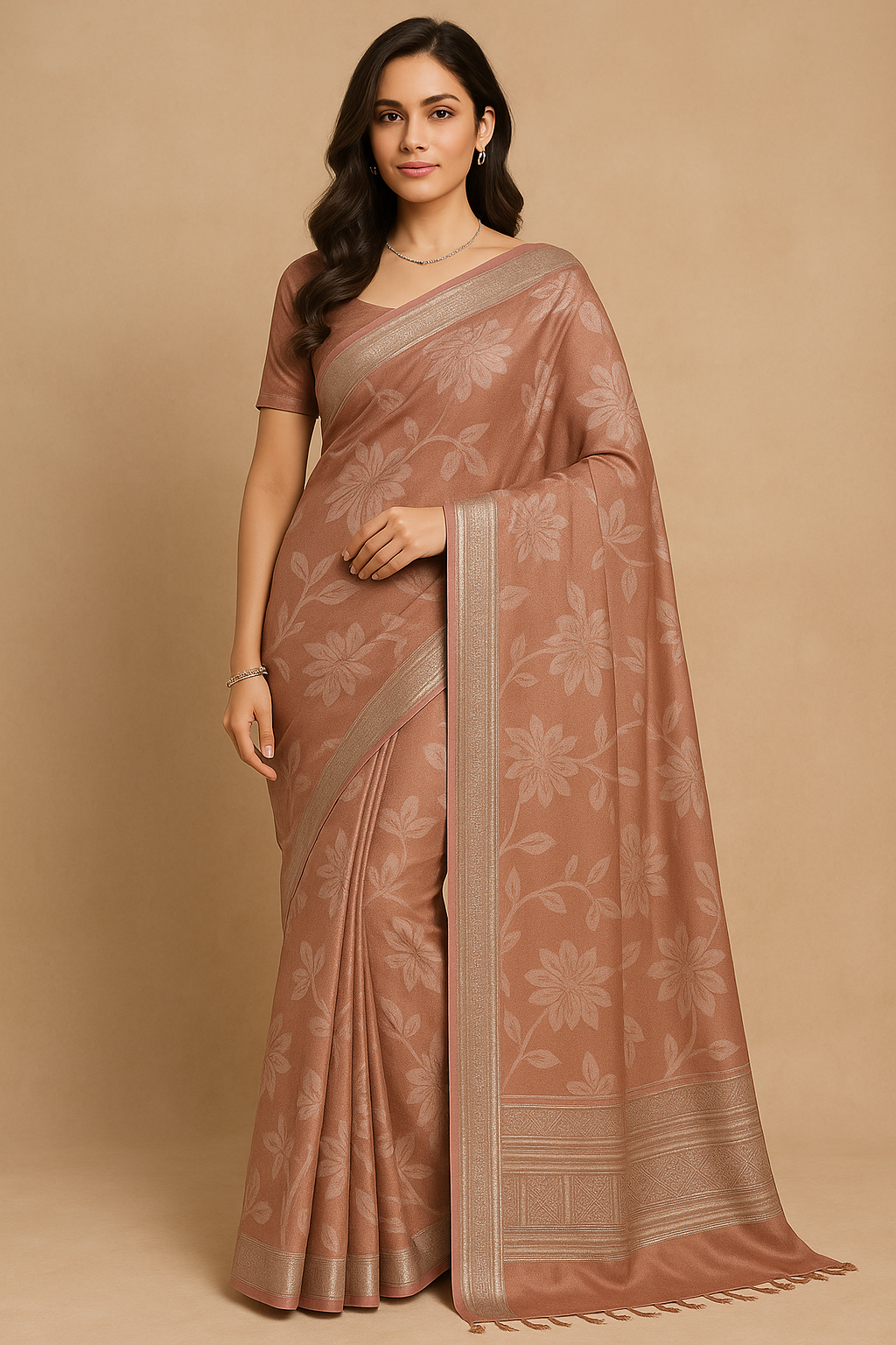 copper beige jacquard saree