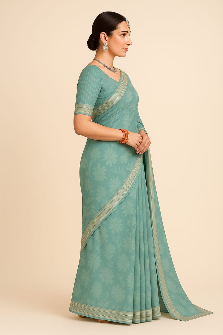 Aqua Green Chinon Saree