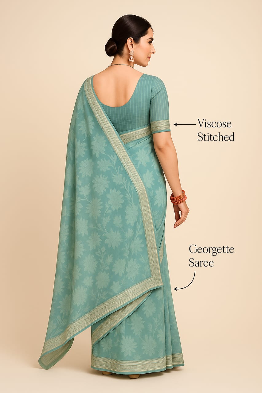 Aqua Green Chinon Saree